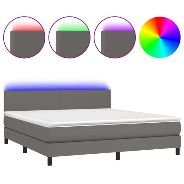 vidaXL Cama box spring colch&oacute;n y LED cuero sint&eacute;tico gris 180x200 cm