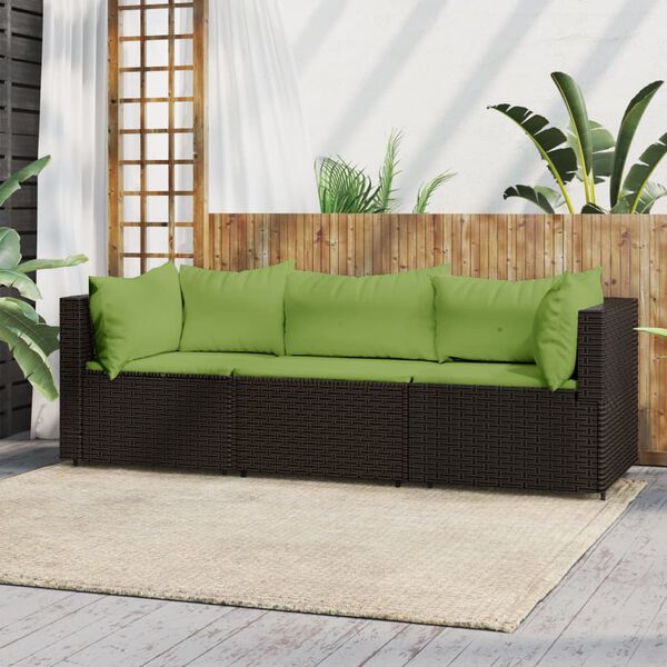 vidaXL Set muebles de jard&iacute;n 3 piezas y cojines rat&aacute;n sint&eacute;tico marr&oacute;n