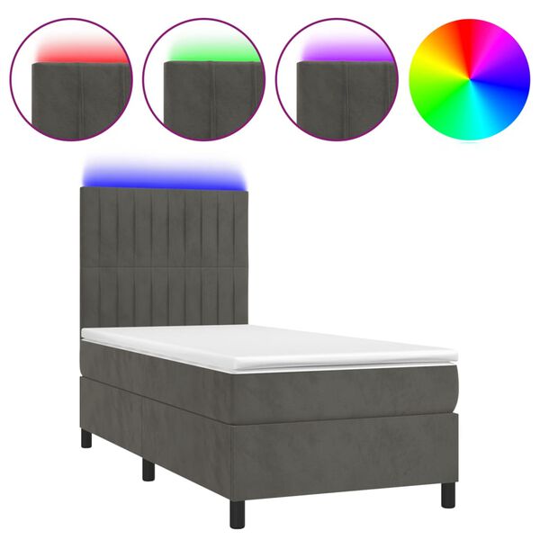 vidaXL Cama box spring colch&oacute;n y LED terciopelo gris oscuro 90x190 cm