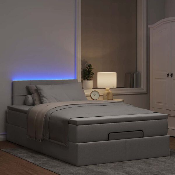 vidaXL Cama otomana con colch&oacute;n y luces LED tela gris taup&eacute; 120x190cm