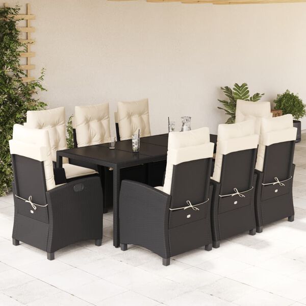 vidaXL Set de comedor de jard&iacute;n 9 pzas y cojines rat&aacute;n sint&eacute;tico negro