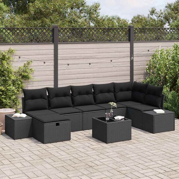 vidaXL Conjunto de sof&aacute; de jard&iacute;n 8 pcs Negro rat&aacute;n sint&eacute;tico