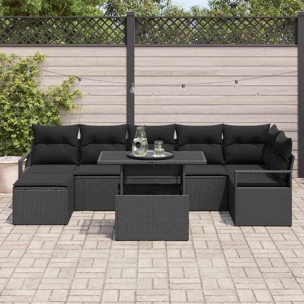 vidaXL Conjunto de sof&aacute; de jard&iacute;n 8 pcs Negro rat&aacute;n sint&eacute;tico