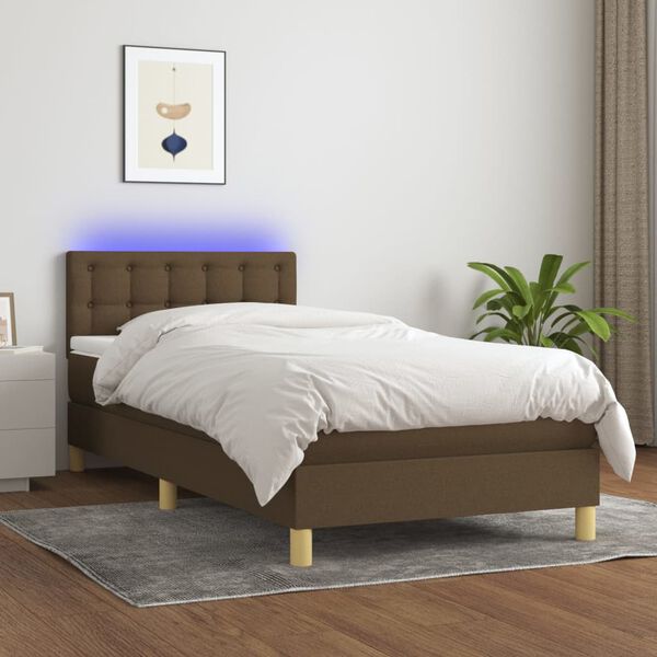 vidaXL Cama box spring con colch&oacute;n LED tela marr&oacute;n oscuro 90x190 cm