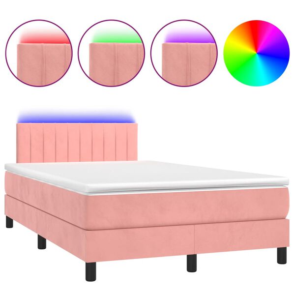 vidaXL Cama box spring colch&oacute;n y LED terciopelo rosa 120x200 cm