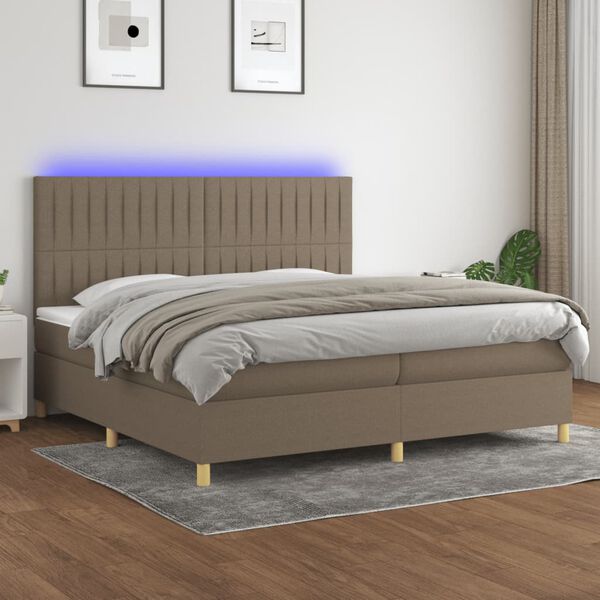 vidaXL Cama box spring colch&oacute;n y luces LED tela gris taupe 200x200 cm
