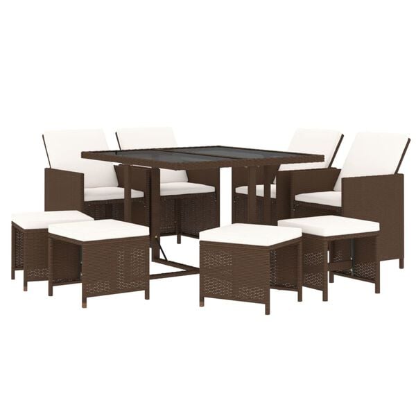 vidaXL Set de comedor jardín 9 pzas y cojines ratán sintético marrón