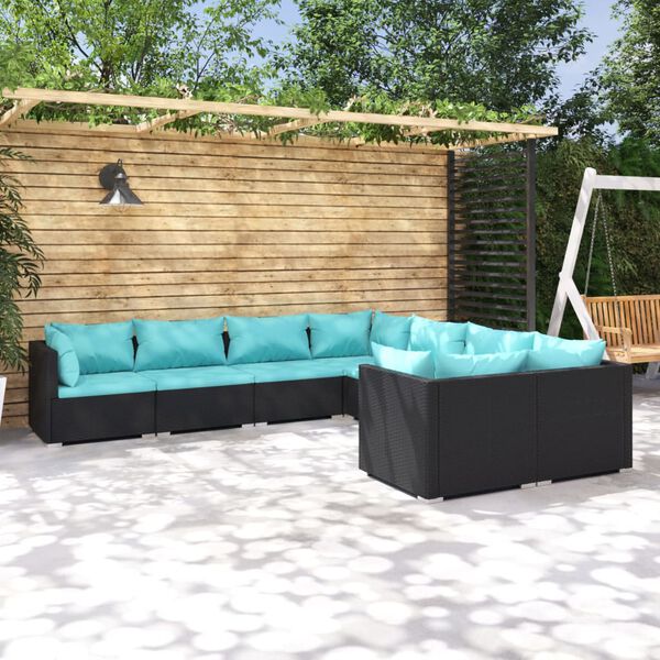 vidaXL Set de muebles de jard&iacute;n 8 pzas y cojines rat&aacute;n sint&eacute;tico negro