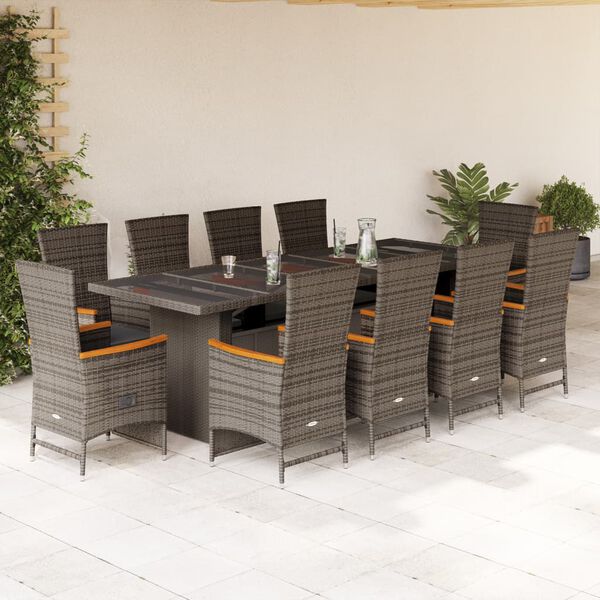 vidaXL Set de comedor de jard&iacute;n 11 pzas y cojines rat&aacute;n sint&eacute;tico gris
