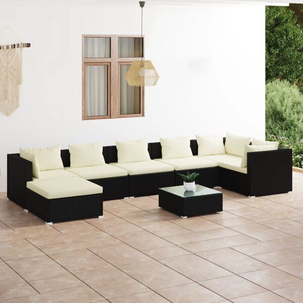 vidaXL Set de muebles de jard&iacute;n 8 pzas y cojines rat&aacute;n sint&eacute;tico negro