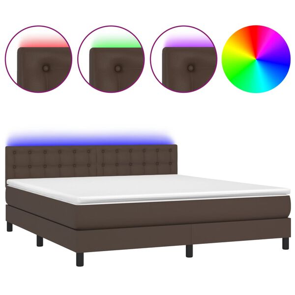 vidaXL Cama box spring colch&oacute;n y LED cuero sint&eacute;tico marr&oacute;n 180x200 cm