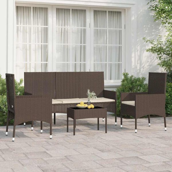 vidaXL Set muebles de jard&iacute;n 4 piezas y cojines rat&aacute;n sint&eacute;tico marr&oacute;n