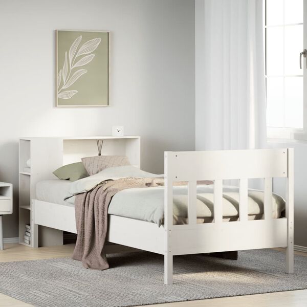 vidaXL Cama con estanter&iacute;a sin colch&oacute;n madera maciza blanca 75x190 cm