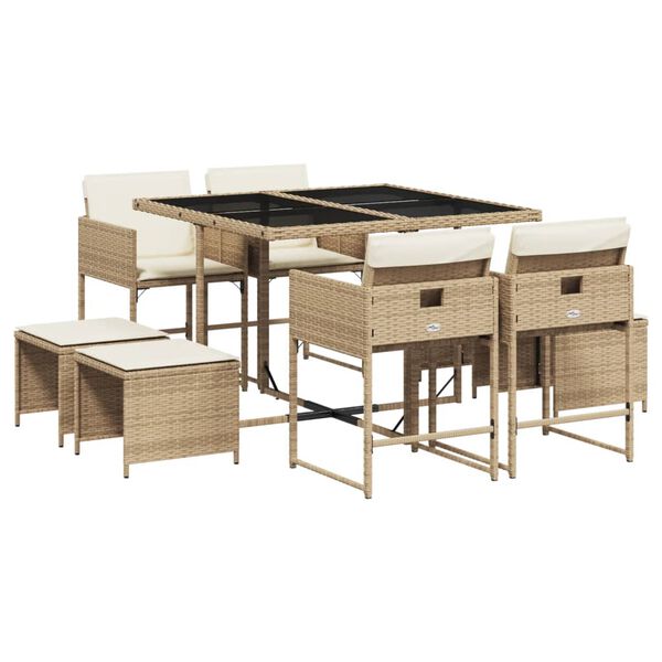 vidaXL Set comedor de jard&iacute;n 9 pzas con cojines rat&aacute;n sint&eacute;tico beige