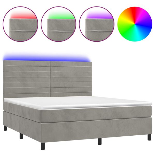 vidaXL Cama box spring colch&oacute;n y LED terciopelo gris claro 180x200 cm