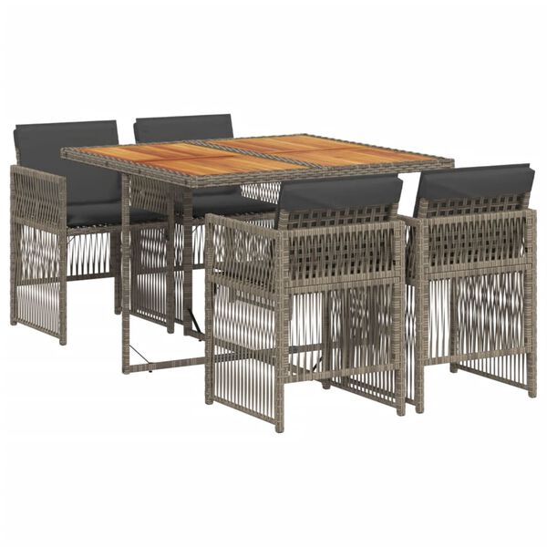 vidaXL Set comedor de jard&iacute;n 5 piezas con cojines rat&aacute;n sint&eacute;tico gris