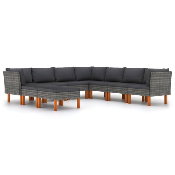 vidaXL Set de muebles de jard&iacute;n 9 pzas y cojines rat&aacute;n sint&eacute;tico gris