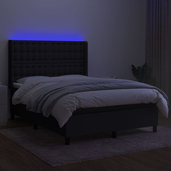 vidaXL Cama box spring colch&oacute;n y luces LED tela negro 140x200 cm