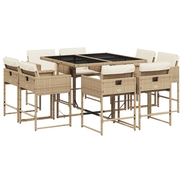 vidaXL Set comedor de jard&iacute;n 9 pzas con cojines rat&aacute;n sint&eacute;tico beige