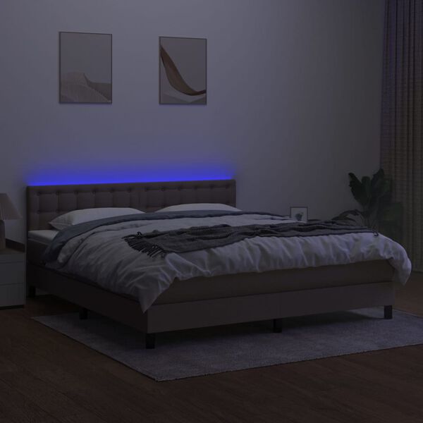 vidaXL Cama box spring colch&oacute;n y luces LED tela gris taupe 160x200 cm