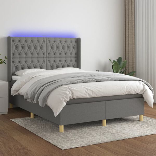 vidaXL Cama box spring colch&oacute;n y luces LED tela gris oscuro 140x190 cm