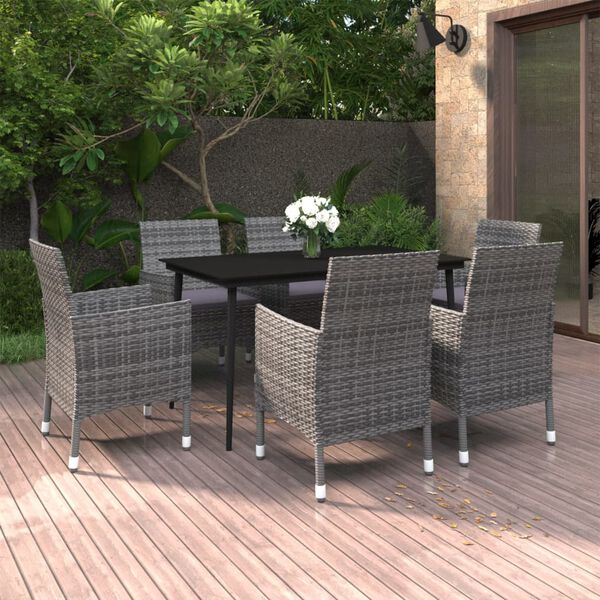 vidaXL Set comedor de jard&iacute;n 7 pzas y cojines rat&aacute;n sint&eacute;tico y vidrio