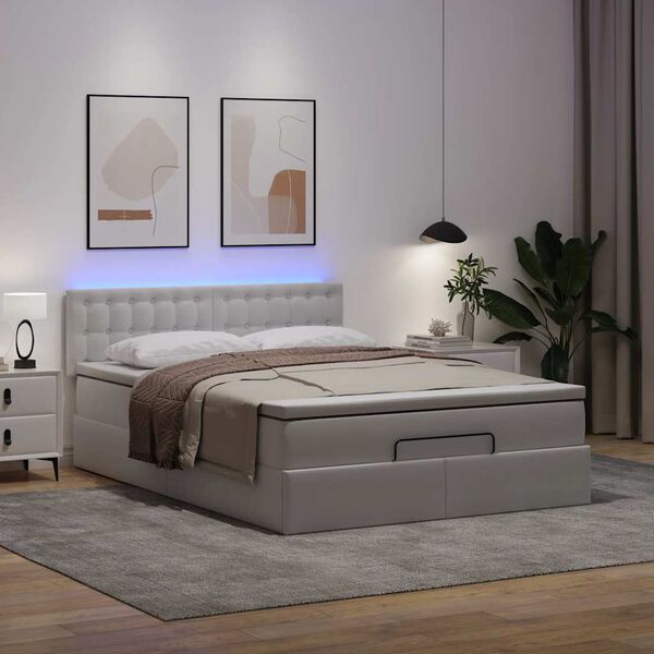 vidaXL Cama otomana colchón&LED cuero sintético blanco puro 140x190cm