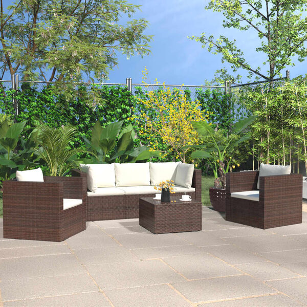 vidaXL Set muebles de jard&iacute;n 4 piezas y cojines rat&aacute;n sint&eacute;tico marr&oacute;n