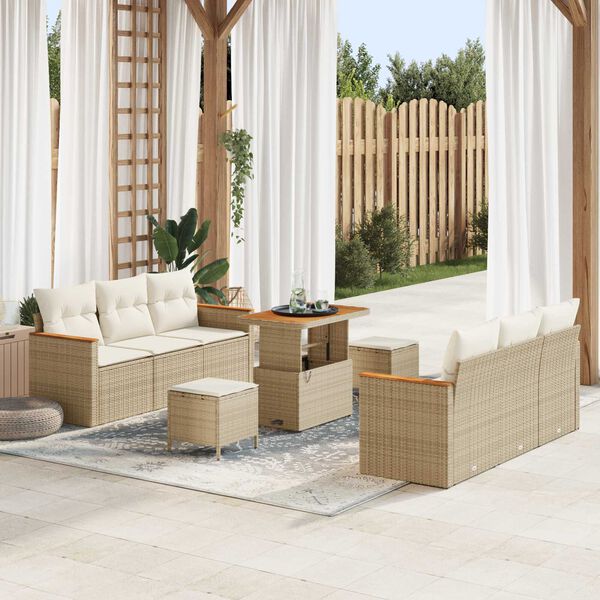 vidaXL Conjunto de sof&aacute;s de jard&iacute;n 9 pcs Beige rat&aacute;n sint&eacute;tico