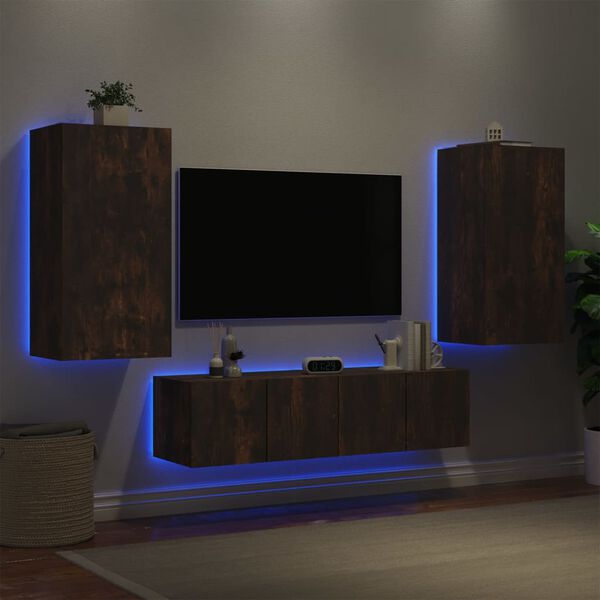 vidaXL Muebles TV pared con LED 4 pzas madera ingenier&iacute;a roble ahumado