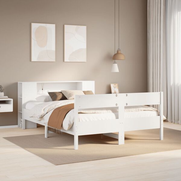 vidaXL Cama con estanter&iacute;a sin colch&oacute;n madera maciza blanca 160x200 cm