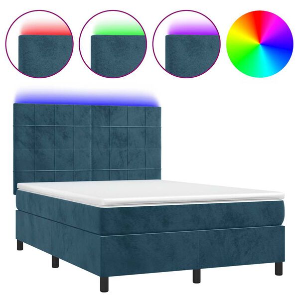 vidaXL Cama box spring colch&oacute;n y LED terciopelo azul oscuro 140x200 cm