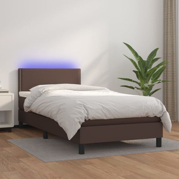vidaXL Cama box spring y colch&oacute;n LED cuero sint&eacute;tico marr&oacute;n 90x190 cm