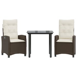 vidaXL Set comedor de jard&iacute;n 3 piezas y cojines rat&aacute;n sint&eacute;tico marr&oacute;n