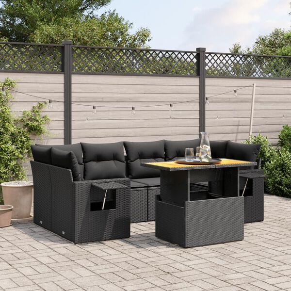 vidaXL Set de comedor de jard&iacute;n 7 pzas y cojines rat&aacute;n sint&eacute;tico negro