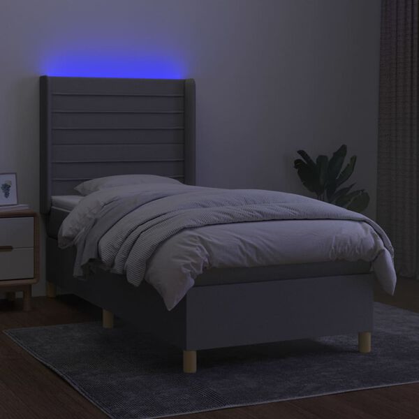 vidaXL Cama box spring colch&oacute;n y luces LED tela gris claro 90x190 cm