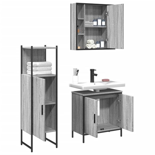vidaXL Set de muebles de ba&ntilde;o 3 pzas madera contrachapada gris sonoma