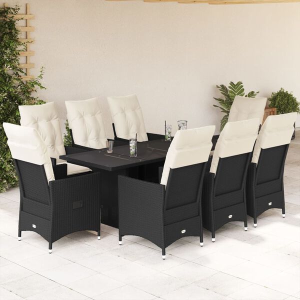 vidaXL Set de comedor de jard&iacute;n 9 pzas y cojines rat&aacute;n sint&eacute;tico negro