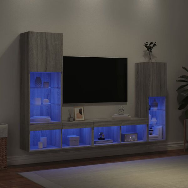 vidaXL Muebles TV pared con LED 4 pzas madera ingenier&iacute;a gris Sonoma