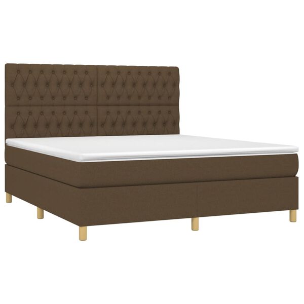 vidaXL Cama box spring colch&oacute;n luces LED tela marr&oacute;n oscuro 180x200cm