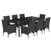 vidaXL Set comedor jard&iacute;n 9 pzas cojines rat&aacute;n sint&eacute;tico vidrio negro