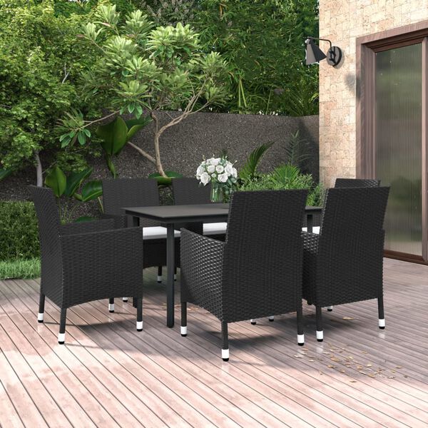 vidaXL Set comedor de jard&iacute;n 7 pzas y cojines rat&aacute;n sint&eacute;tico y vidrio