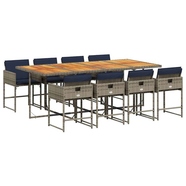 vidaXL Set comedor jard&iacute;n 9 pzas y cojines rat&aacute;n sint&eacute;tico gris