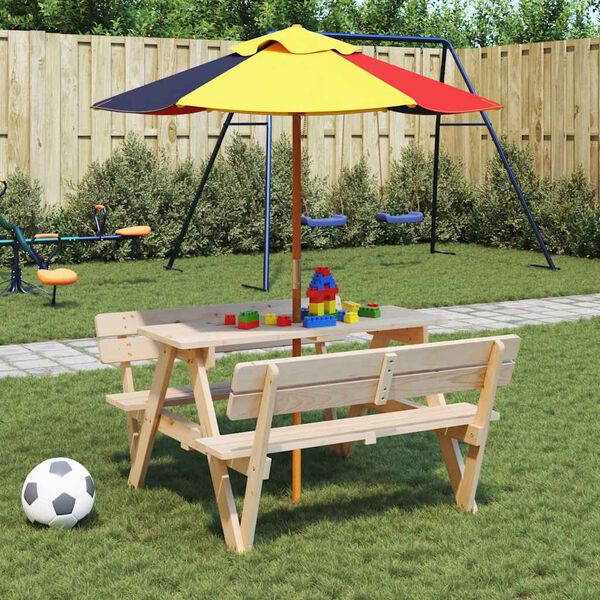 vidaXL Mesa de picnic para 4 ni&ntilde;os agujero para sombrilla madera abeto