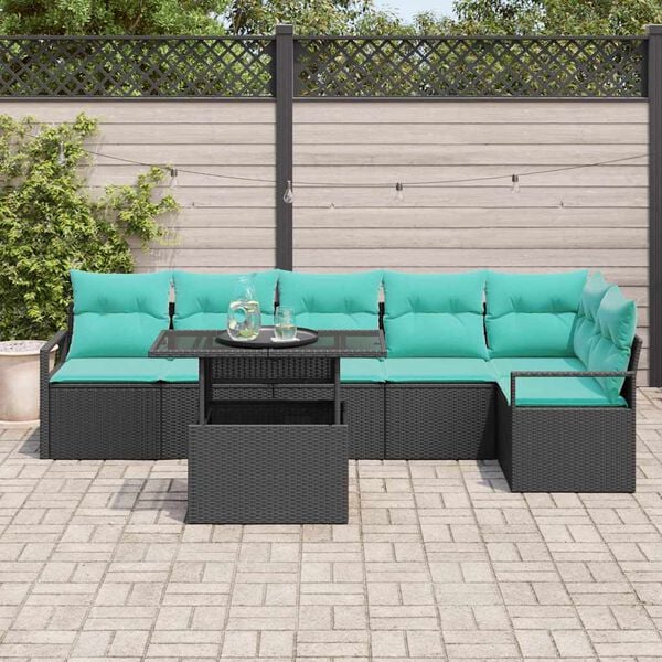 vidaXL Conjunto de sof&aacute; de jard&iacute;n 7 pcs Negro y azul rat&aacute;n sint&eacute;tico