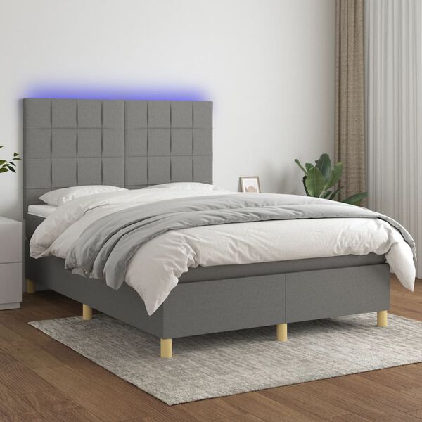 vidaXL Cama box spring colch&oacute;n y luces LED tela gris oscuro 140x190 cm