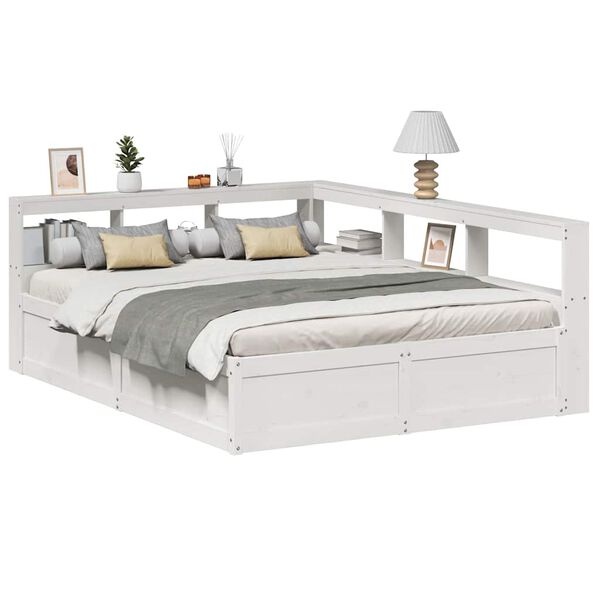vidaXL Cama con estanter&iacute;a sin colch&oacute;n madera maciza blanca 140x200 cm