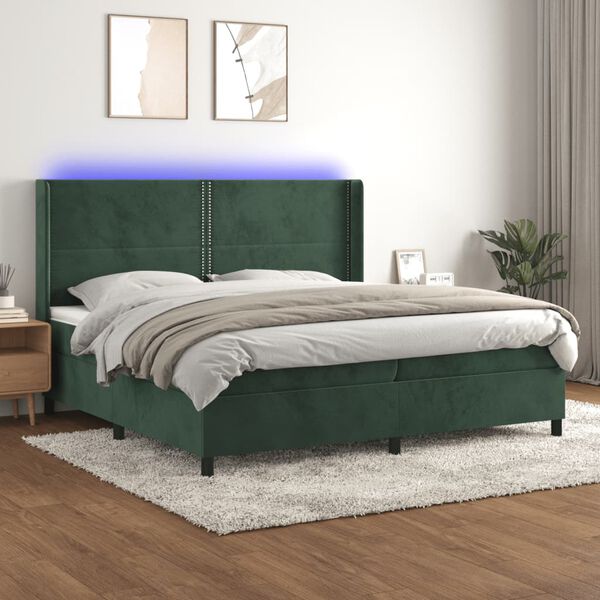 vidaXL Cama box spring colch&oacute;n y LED terciopelo verde oscuro 200x200cm