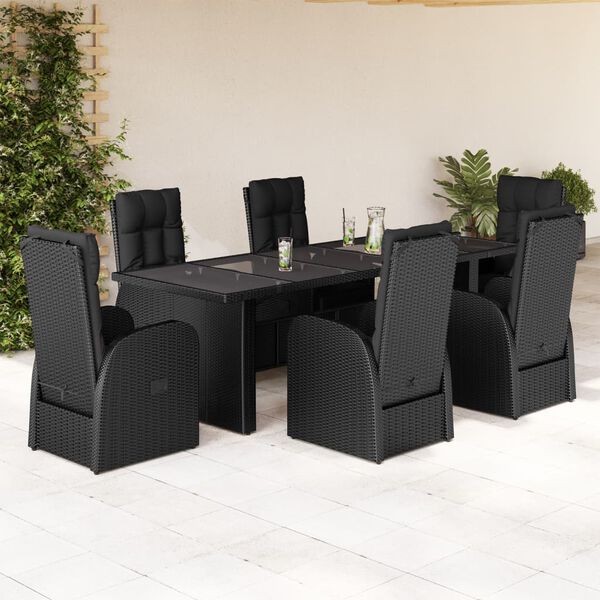 vidaXL Set de comedor de jard&iacute;n 7 pzas y cojines rat&aacute;n sint&eacute;tico negro