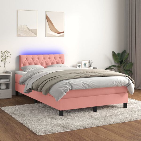 vidaXL Cama box spring colch&oacute;n y LED terciopelo rosa 120x200 cm
